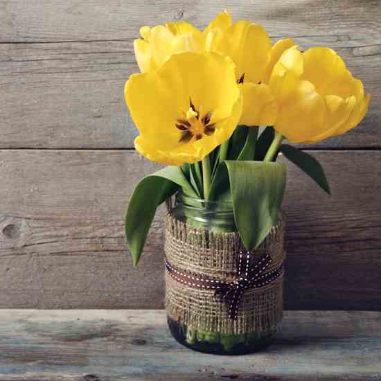 Yellow tulips stand out in an old jar that was crafted into a rustic vase.